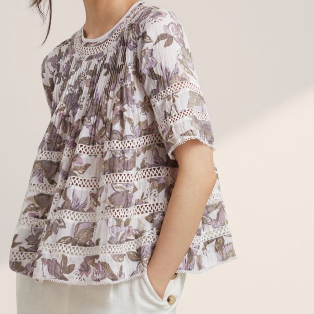 Wilfred Cream Purple Floral Beaudry Embroidered Short Sleeve Blouse.